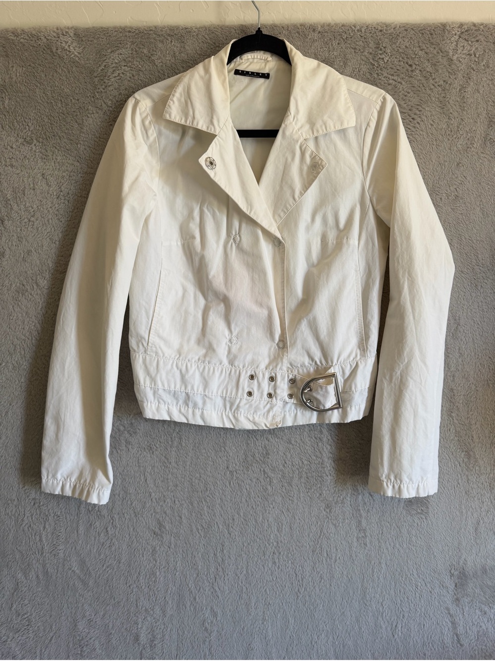 Vintage-style Sisley white cotton asymmetrical moto jacket 42